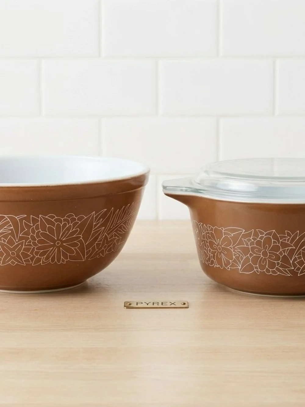 Pyrex Brown Floral Mixing Bowl and Lidded Casserole Set